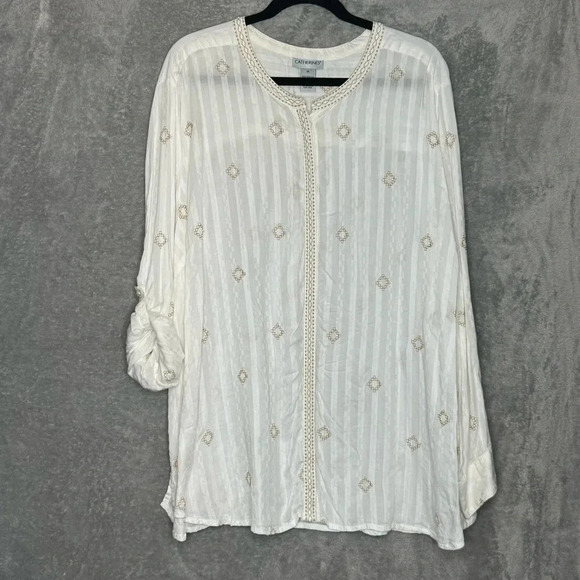 Catherines 3X Shirt Top White Geometric Tab Long Sleeve Scoop Neck Embroidered - Picture 1 of 7